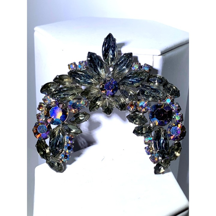 Stunning Vintage AB Blue & Textured Grey Rhinestones Open Wreath/Crescent Brooch