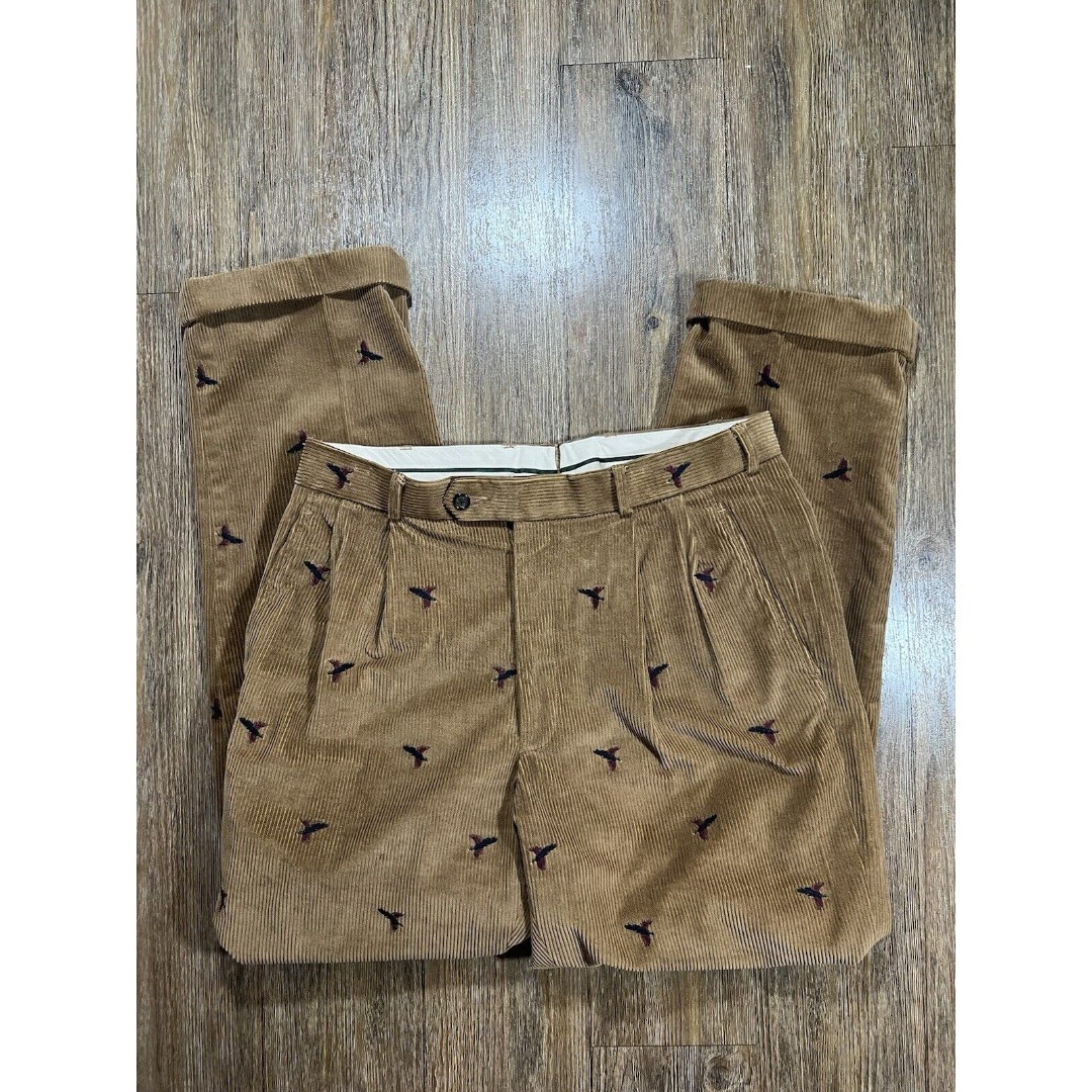 Brooks Brothers Country Club Pants Men 35R Brown Pheasant Embroidered Corduroy