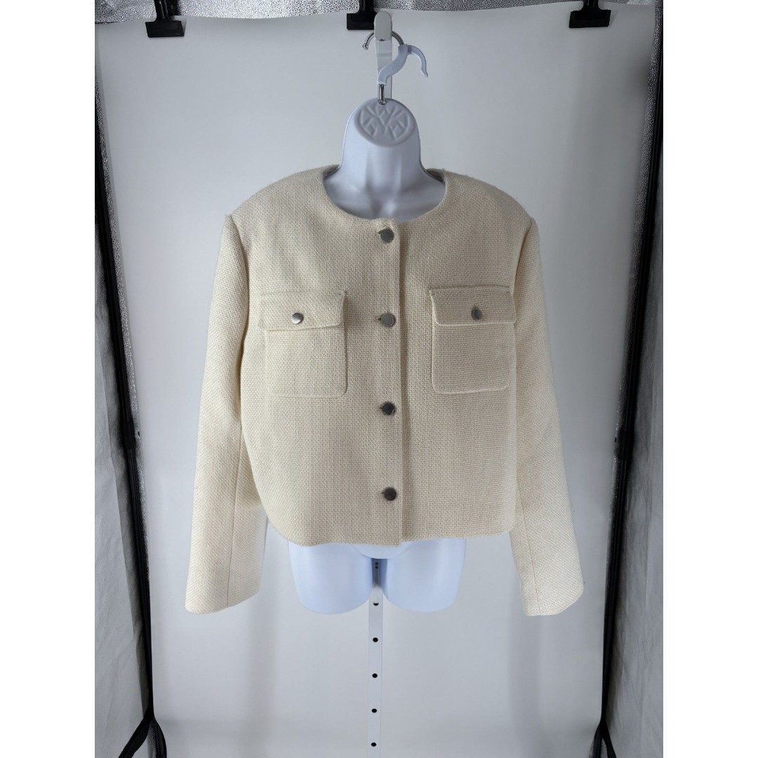 Theory Ivory Textured Wool Blend Cropped Jacket with Front Pockets