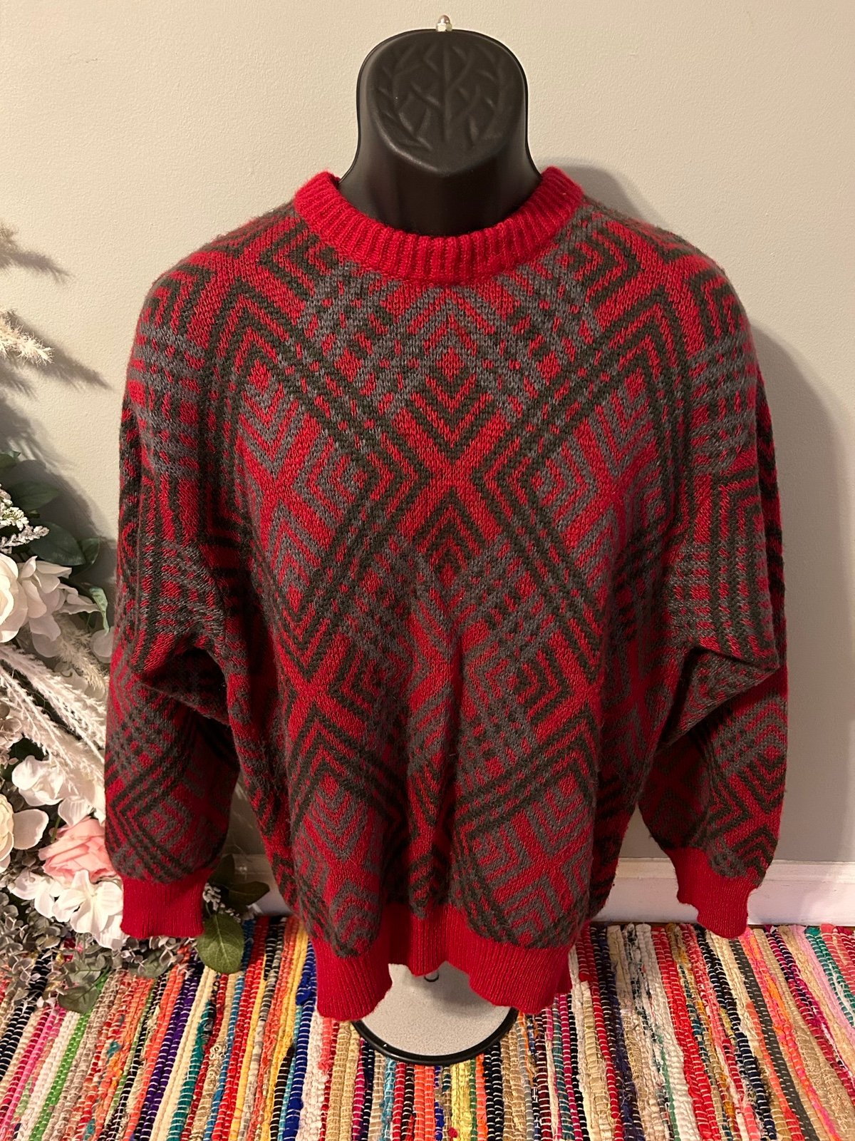 80s Benetton Ski Sweater Snowflake Pattern Winter Medium Vintage Red Snow Aspen