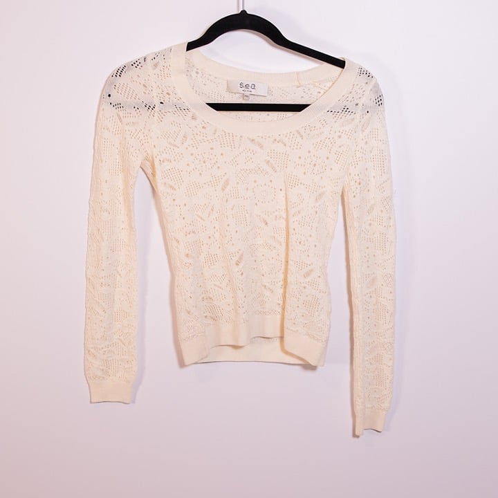 Sea New York Nelle Wool Crochet Knit Semi Sheer Scoop Neck Cream Sweater XXS