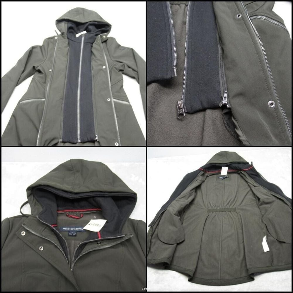 French Connection Parka Coat Women Large Green Zip Pockets Hooded Snap Zip NEW