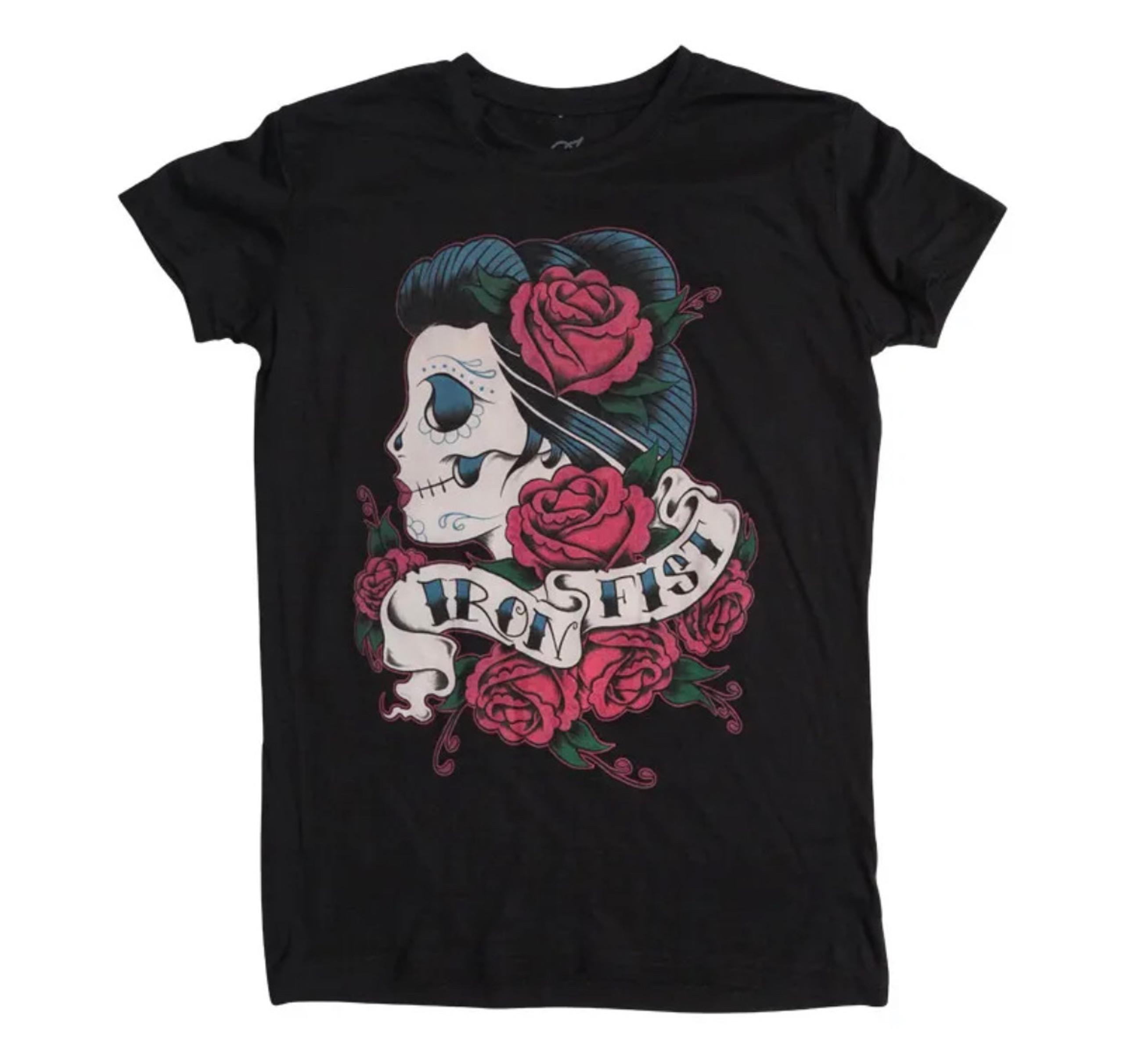 Iron Fist Sugar Skull Day of the Dead Muerte Rose Tattoo T Tee Shirt Top