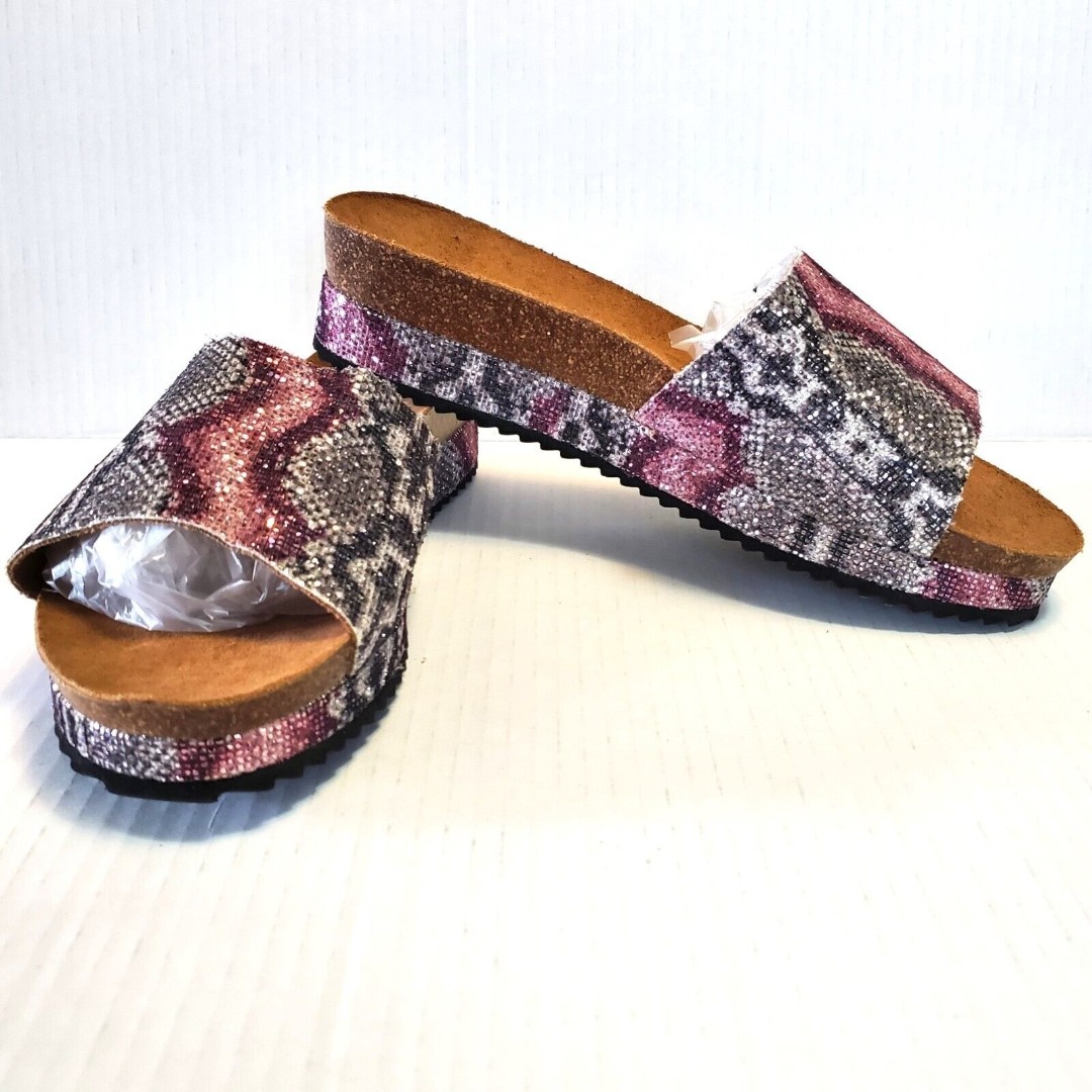 Grunland Slide Sandals Silver Pink Shoes Shiny Snakeskin Size 41 EU, 10 US