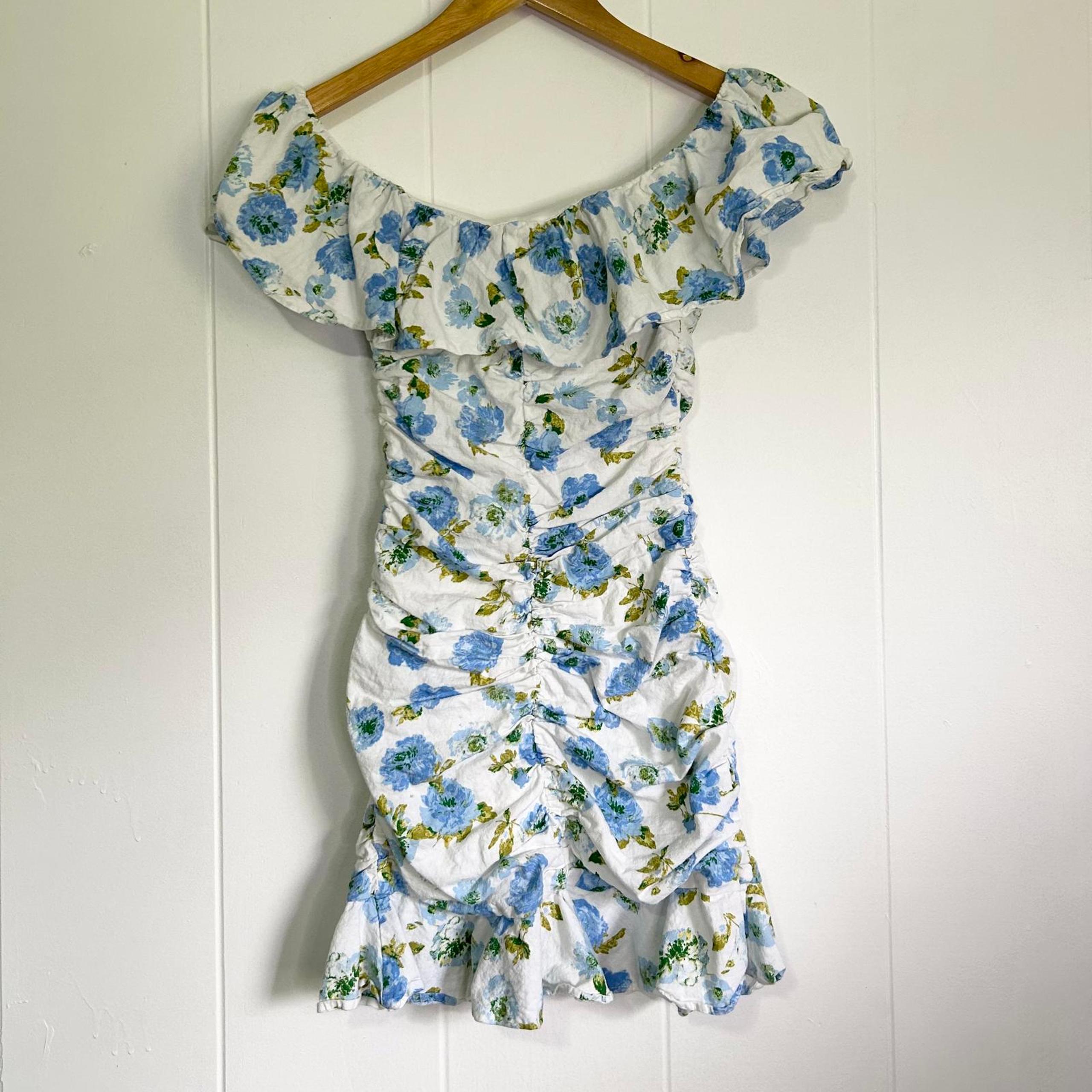 Zara Floral Off The Shoulder Scrunched Bodycon Dress Women's XS