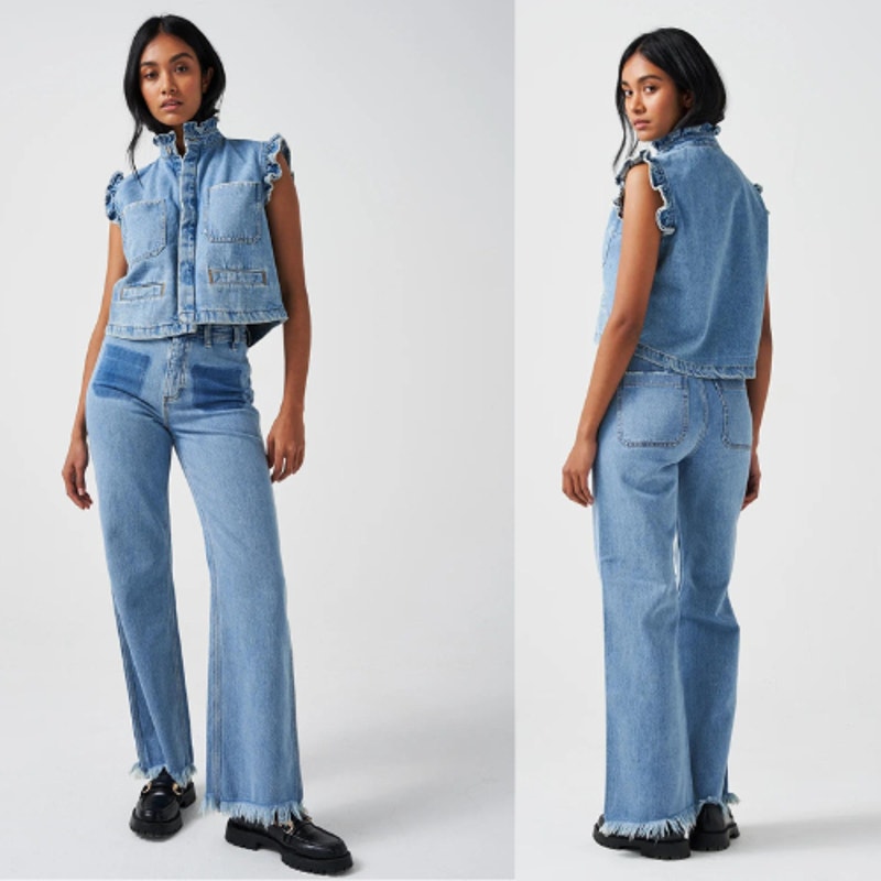 NWT Seventy + Mochi High Rise Mabel Wide Leg Denim Blue Jean with Patch Pocket