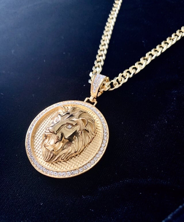 14K LION CHAIN DIAMONDS SIMULATED ICED OUT GOLD CHAIN ITALY