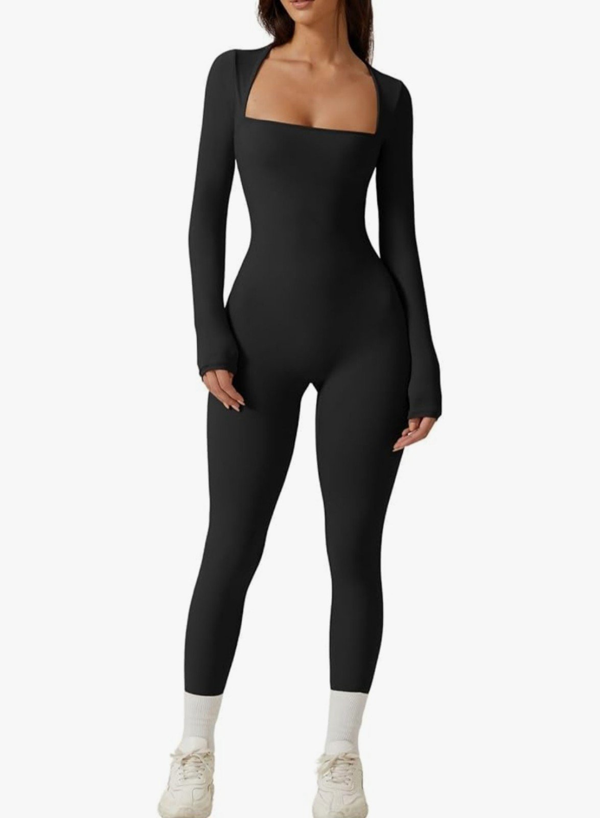 QINSEN Womens Sexy Square Neck Long Sleeve Full Length Bodycon Stretch Size XL