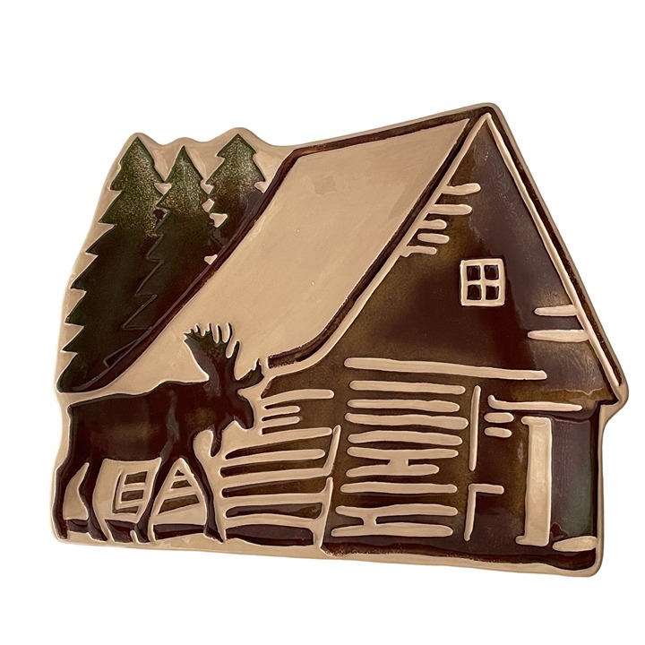 Clay Art Rustic Lodge Figural Platter Cabin Moose Trees Large Serving Plate
