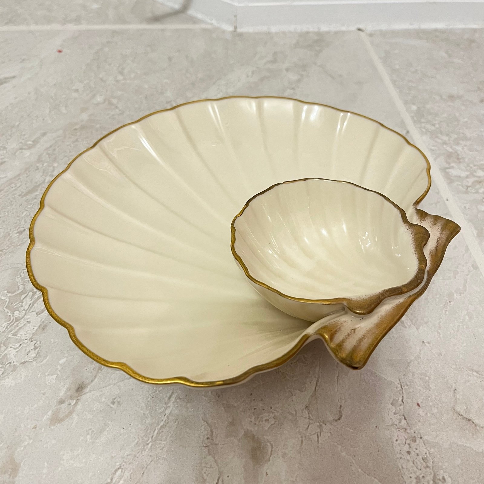 Vintage Lenox Double Shell Porcelain Serve Dish 24k Gold Ivory Shrimp Cocktail