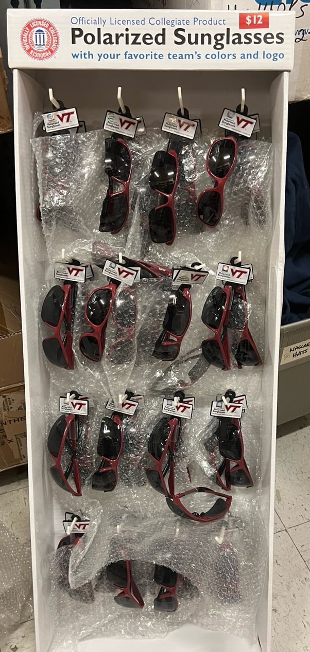 Virginia Tech sunglasses w/sales display rack 48 pair sunglasses NEW 576 VALUE