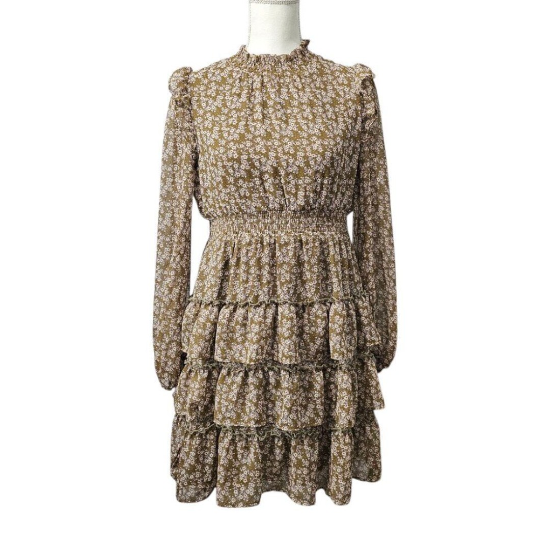 In Loom Floral Bohemian Ruffled Tiered Semi Sheer Long Sleeve Olive Mini Dress