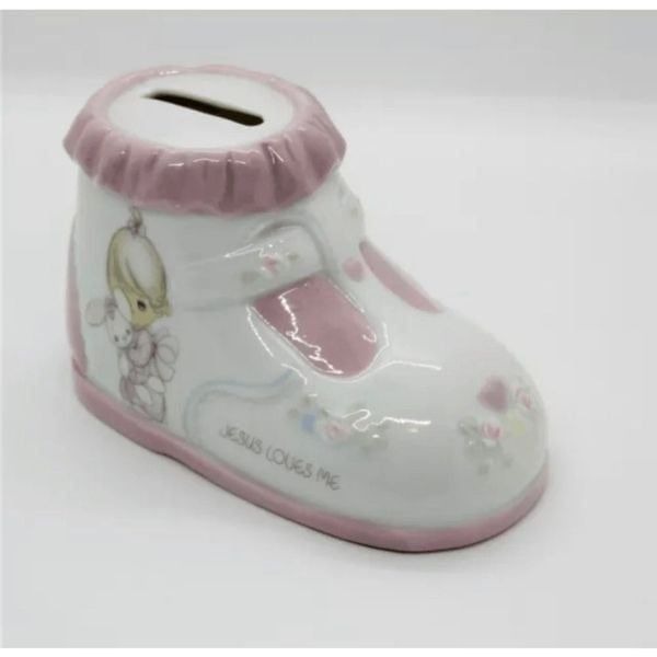 Vintage Precious Moments 'Jesus Loves Me' Baby Boot Ceramic Coin Bank