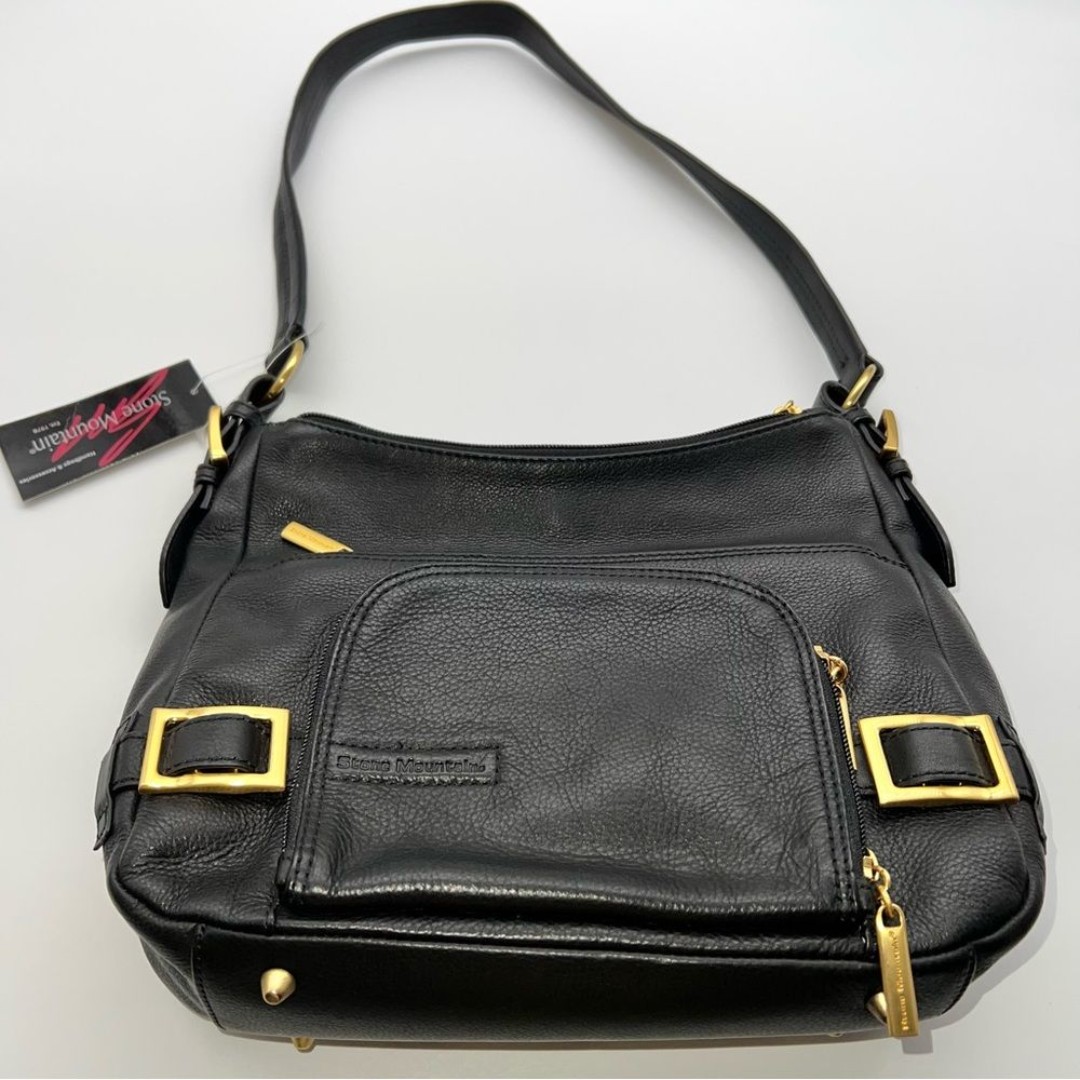 Stone Mountain Black Leather w/Gold Metal Purse w/Multiple Zippered Compartments