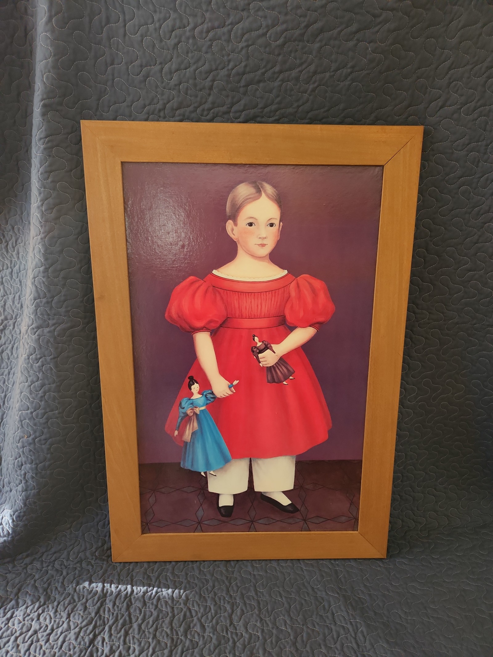Suzy Aalund (America 1933-2016) Folk Art Portrait of a Girl Holding 2 Dolls