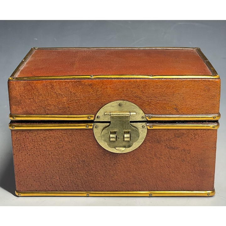 Vintage Asian Lacquer Trinket Jewelry Box Leather Finish Brass Miniature Trunk