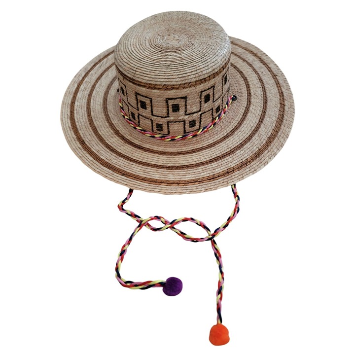 RARE Brixton Guadalajara Mex Palm Sun Hat W/ Multicolor Pom-Pom Chin Cord Sz S