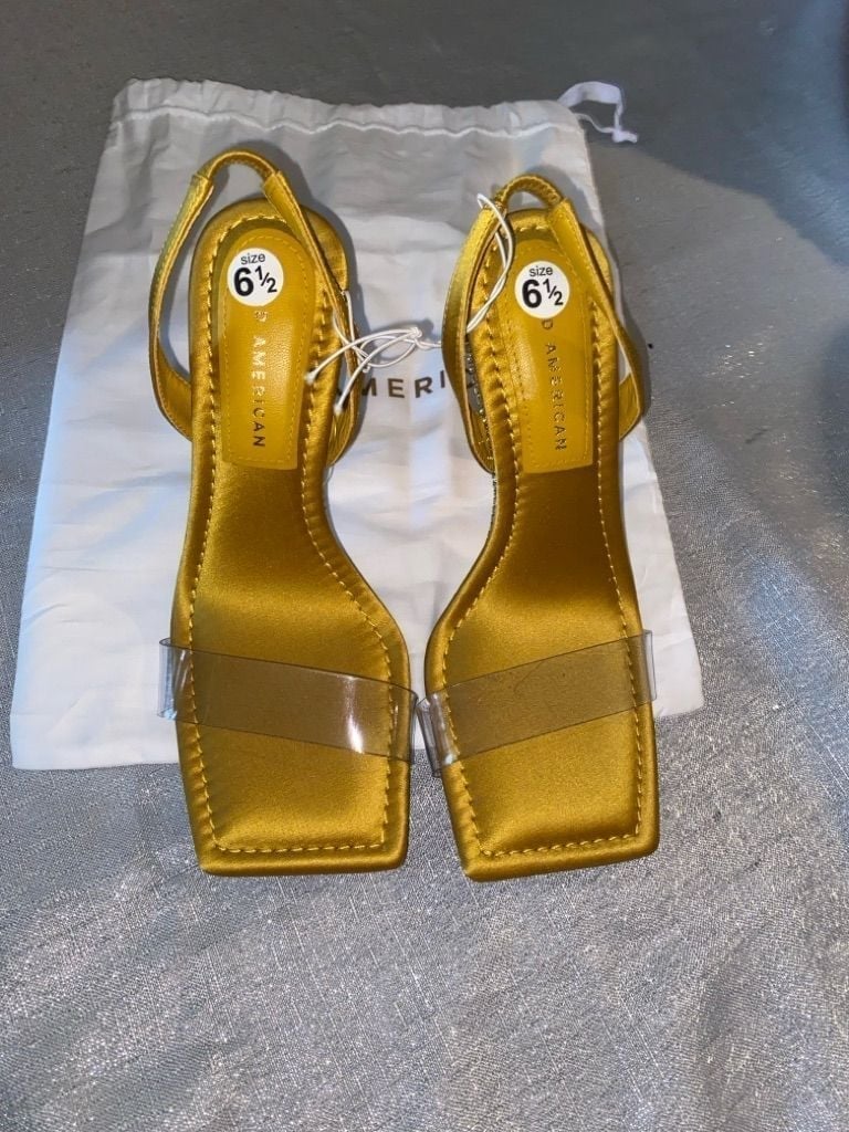 Women's Good American Gold Satin Rhinestone Sandals Size 6.5