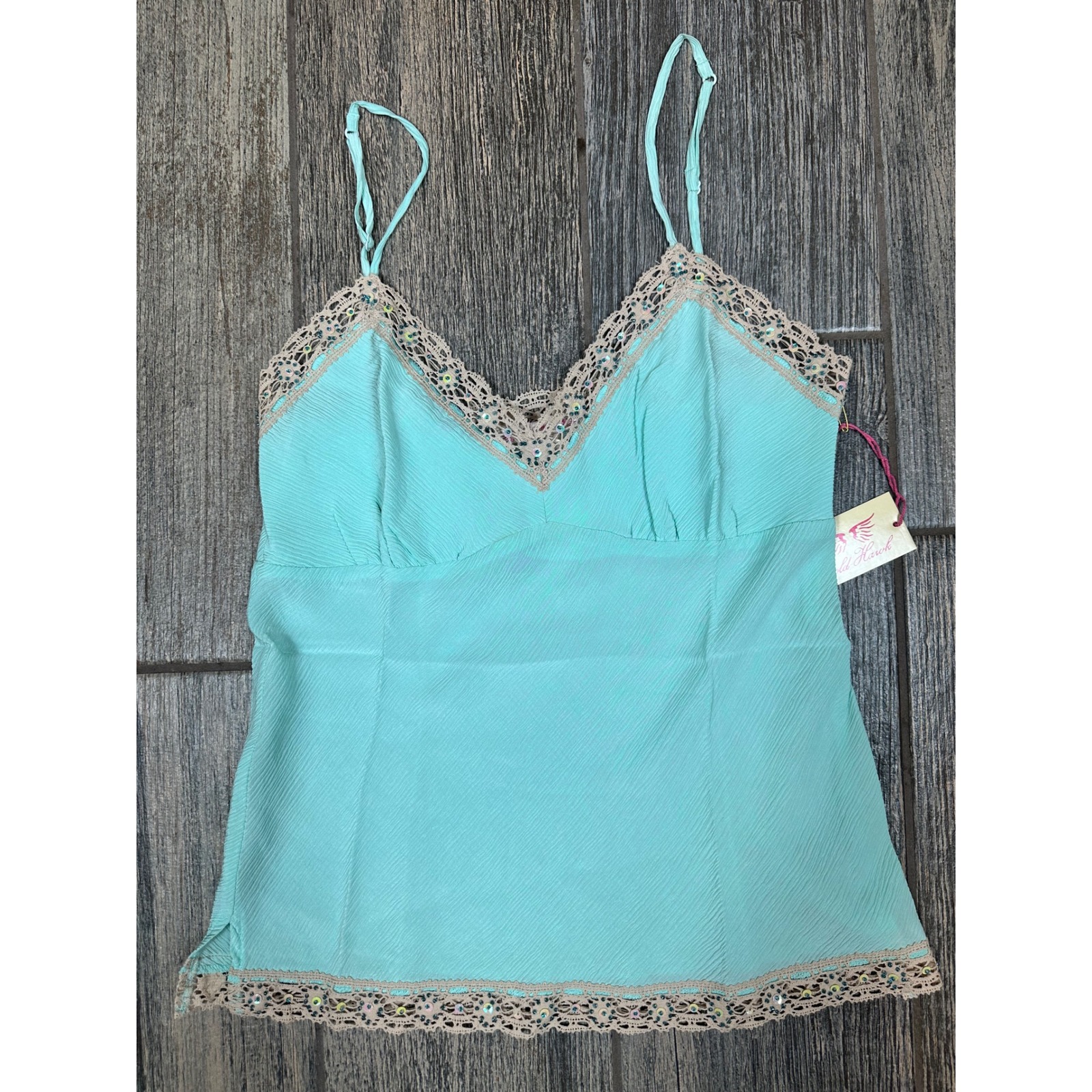 Gold Hawk Tiffany Cami Top Lace Trim Aqua Sleeveless Silk Blouse Size S