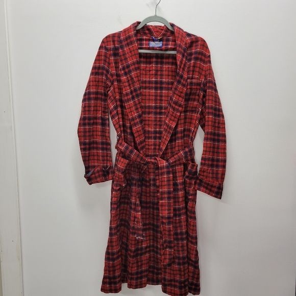 VTG Pendleton Wool Plaid Tartan Long Tie Waist Robe Cardigan Mens Size Small