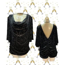 R & M Richards Plus 2X Black Metallic Flocked Draped Neck Cold Shoulder Blouse