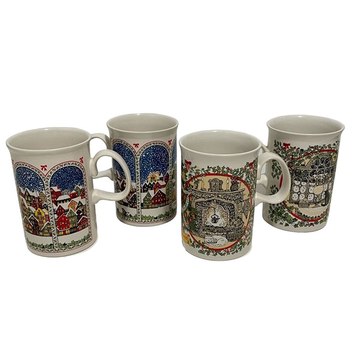 Dunoon Mug Set 4 Porcelain Sue Scullard Holiday Christmas Scenes Made Scotland