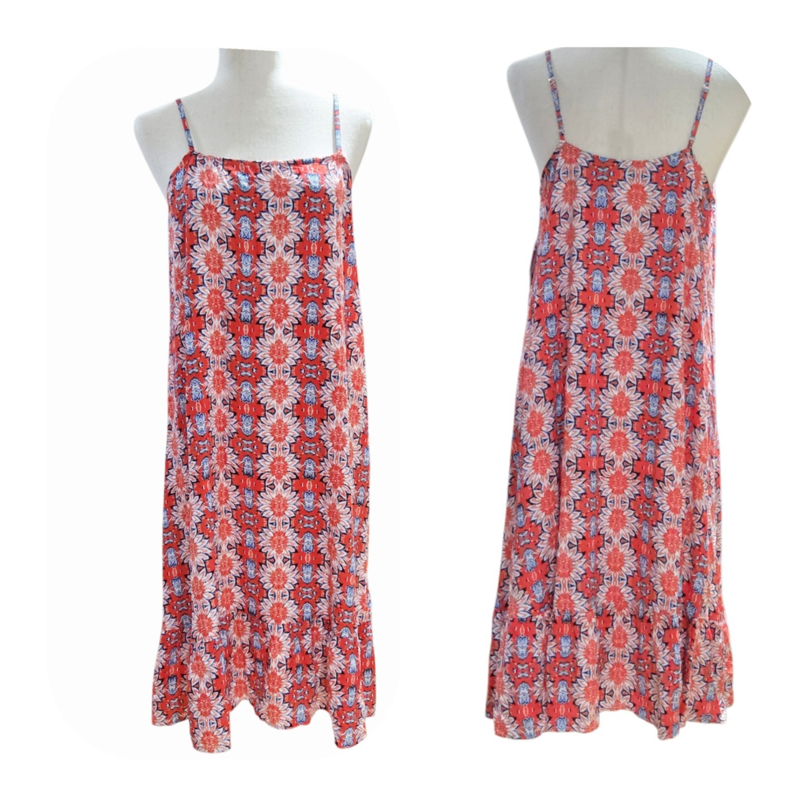 Nanette Lepore Dress Size 8 Orange Blue Spaghetti Strap Boho Summer Sundress