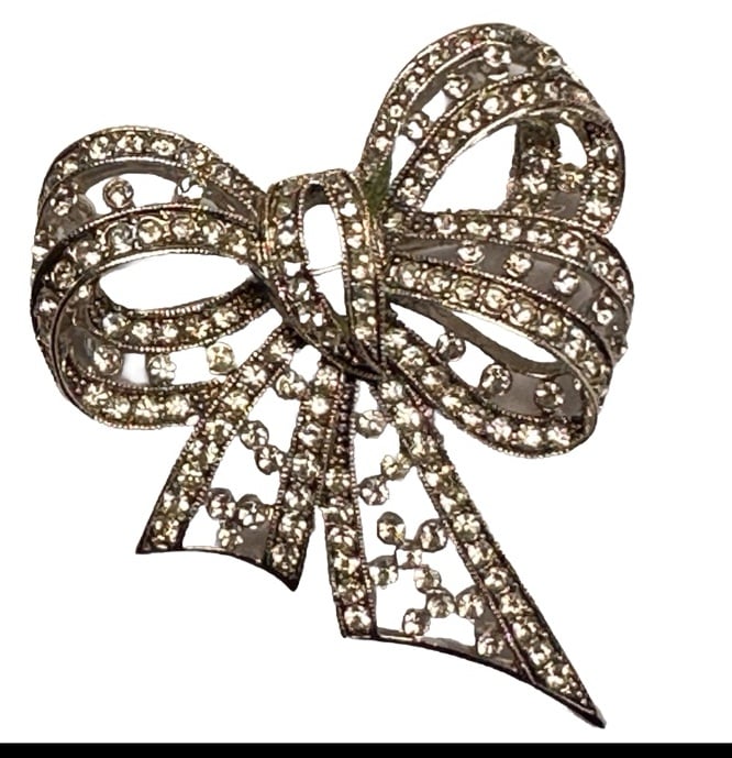 Joan Rivers Vintage Silver Tone Rhinestone Ribbon Bow Brooch