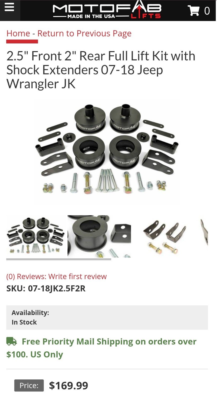 2.5 Front 2 Rear Full Lift Kit with Shock Extenders 07-18 Jeep Wrangler JK
