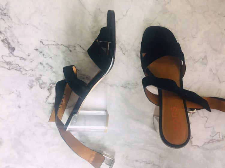 michael kors black seude clear heels ope