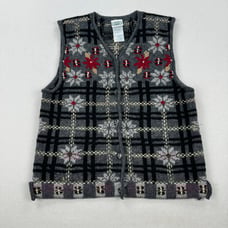 Vintage Laura Ashley Sweater Size Medium Grey Black Plaid Wool Button Up Vest