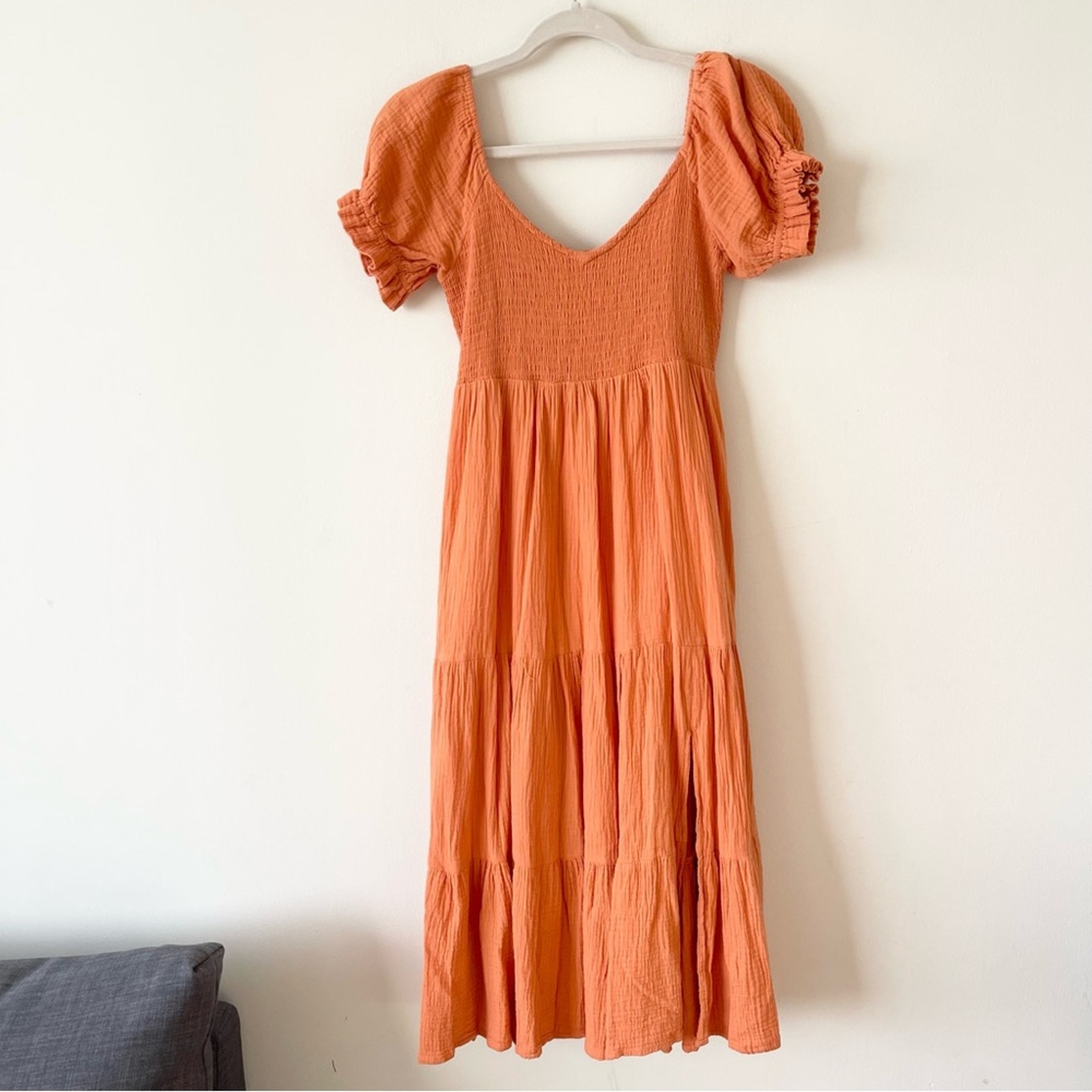 O.P.T puff sleeve smocked misi dress gauze fabric women’s size S orange