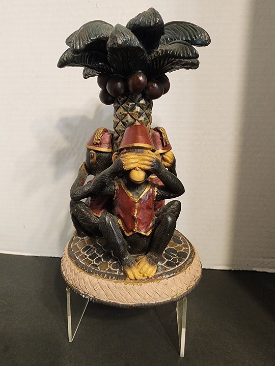 Three Wise Monkeys Around Palm Tree Candle Holder See Hear Speak No Evil 8 x5