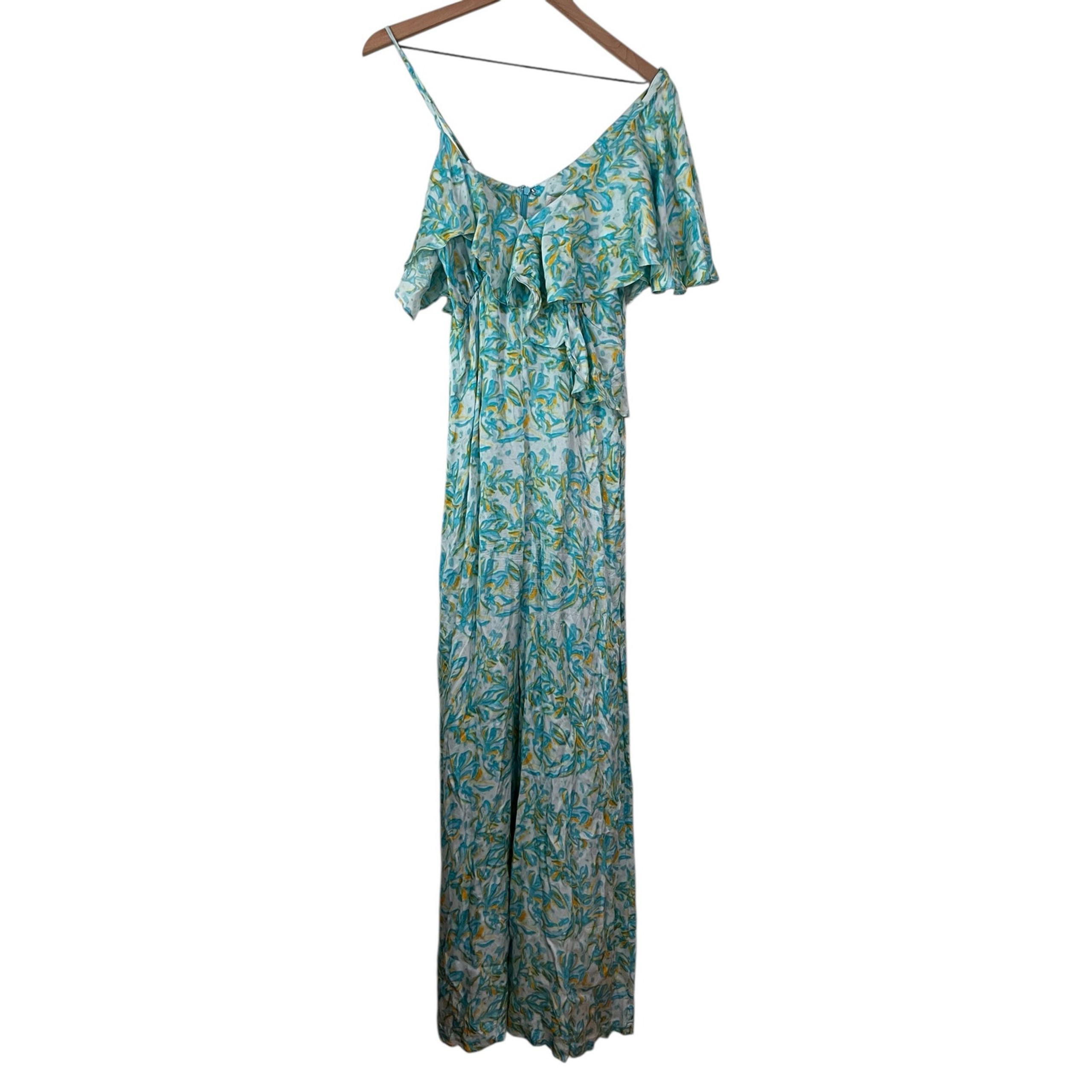 Anthropologie Corey Lynn Calter Ruffle Wide-Leg Jumpsuit Blue Floral Size Small