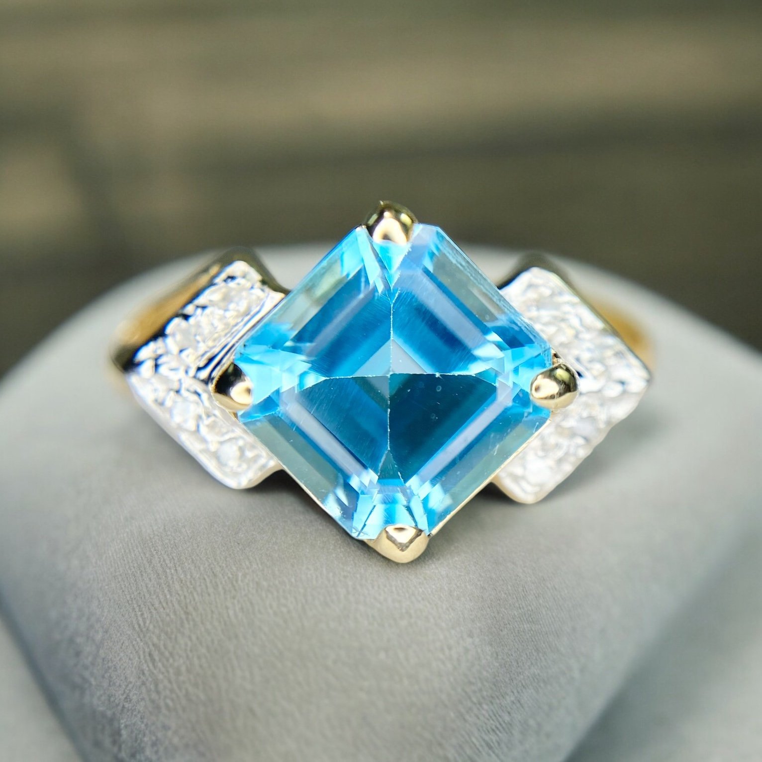 Vintage 14k Yellow Gold Square Asscher Cut Topaz Round Diamond Cocktail Ring