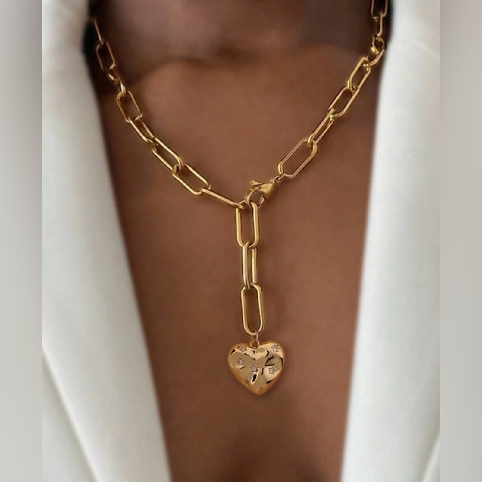 Gold - Piper Necklace - Heart Charm Paper Clip Chain