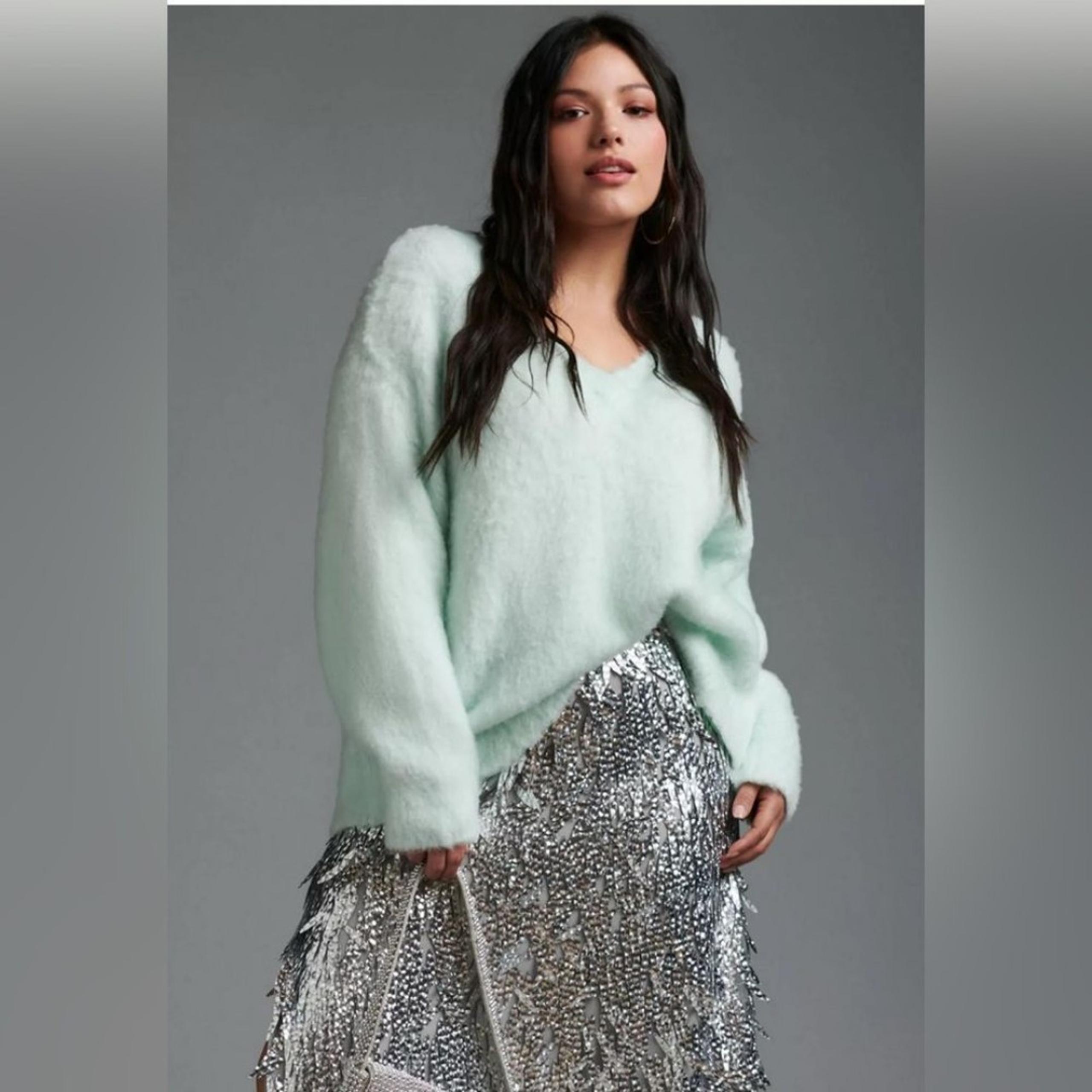 Anthropologie Maeve Plush V-Neck Sweater In Mint Green 2X $98