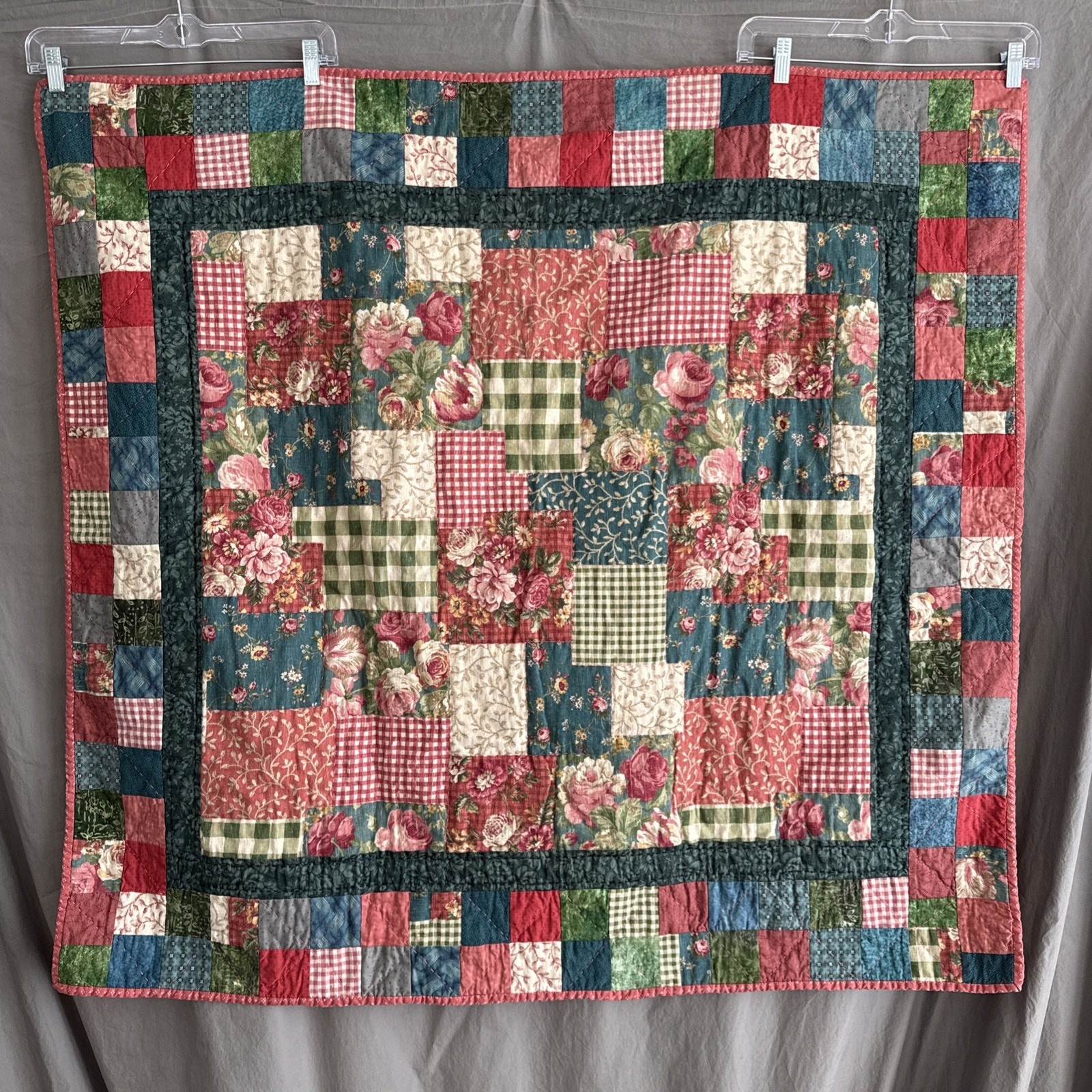 Vintage-Style Patchwork Quilt Roses Gingham Cottagecore Hand Quilted 45 x 41.5"
