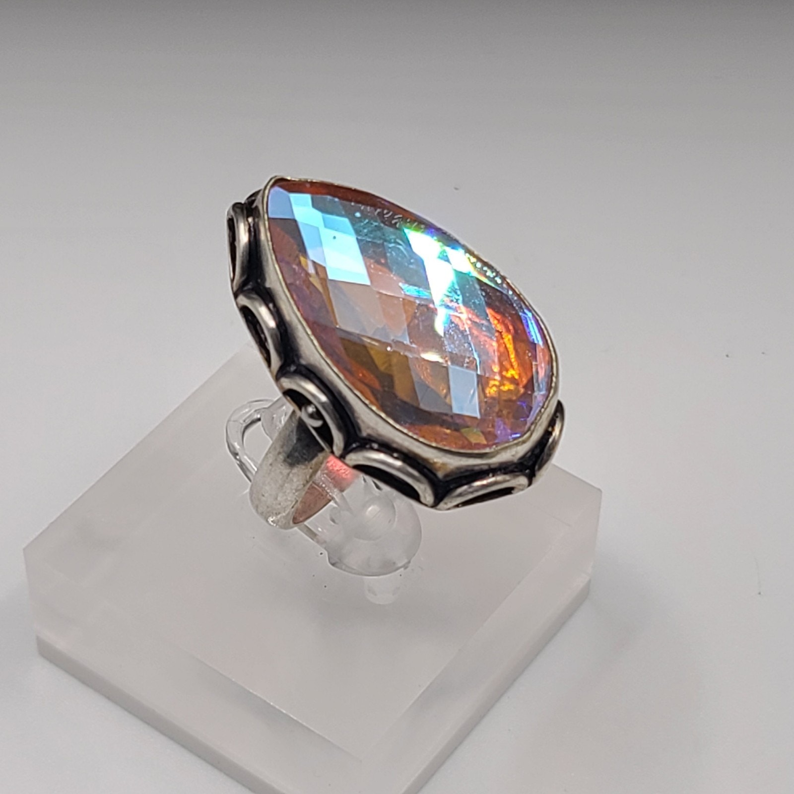 925 Sterling Silver Ornate Gallery Large Pear Faceted Mystic Topaz Ring Size 9.5