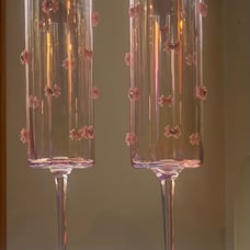 Set Of 2 Pink Bow Iridescent Champagne Glasses Heart Shape Rhinestone Gems NEW