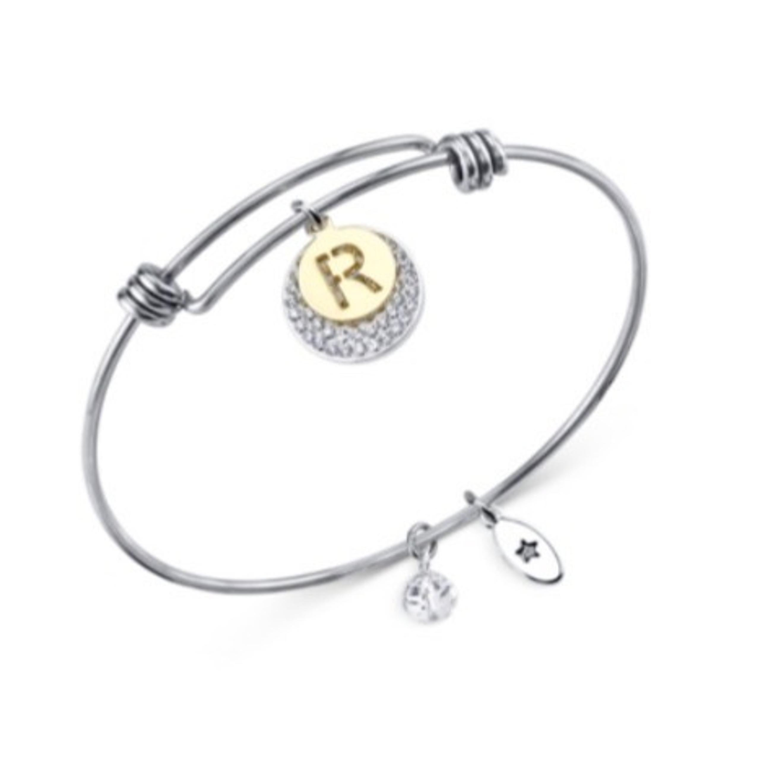 Unwritten Pave and Disc Bangle Bracelet "R" Amazing Stainless Steel