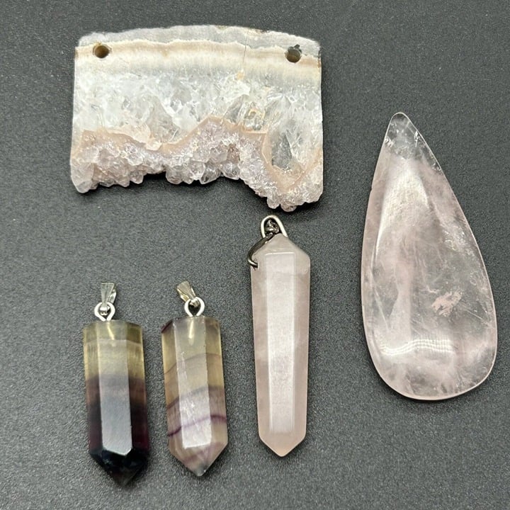 Pink Rose Quartz Crystal Stone Rock 5pcs Pendant Jewelry Making Polished Healing