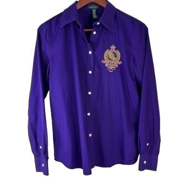 Lauren Ralph Lauren Jeans Co Purple Crest Embroidered Button Front Top Womens M