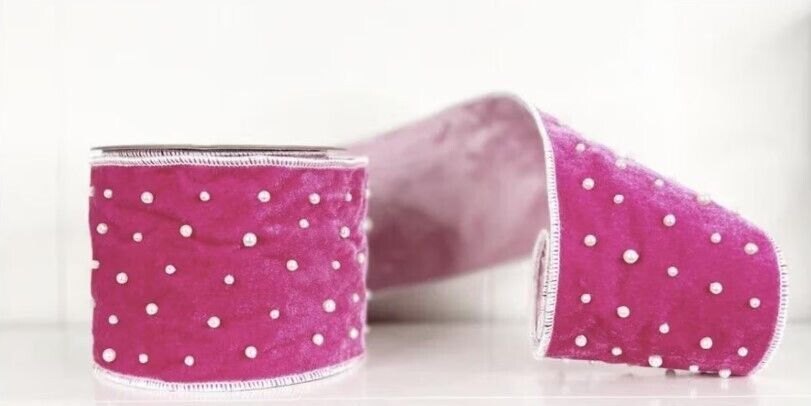 Hot Pink Velvet with Pearls Wired Christmas Trim A Tree 4 inch Ribbon Crafts