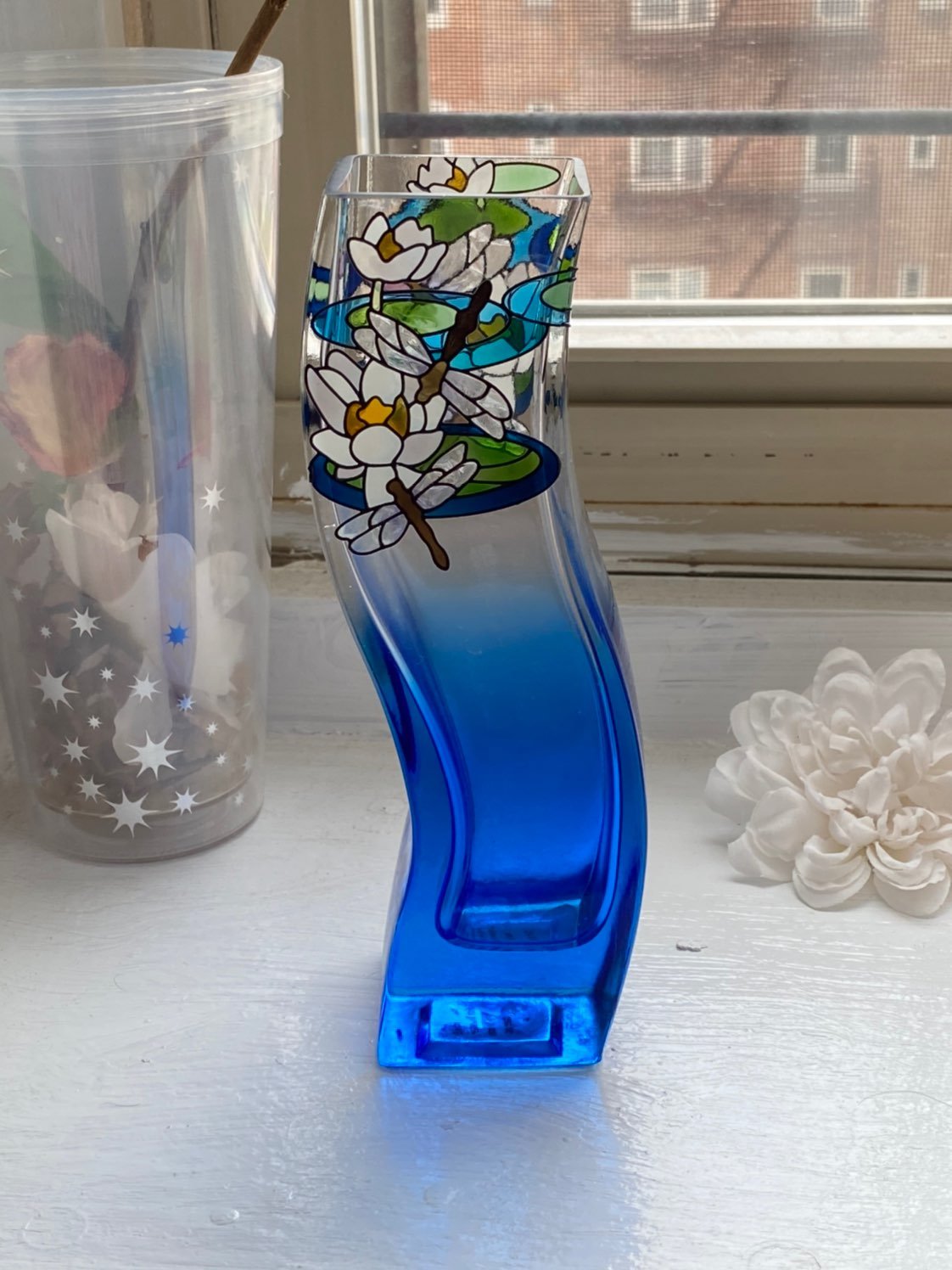 Ombre blue floral glass vase