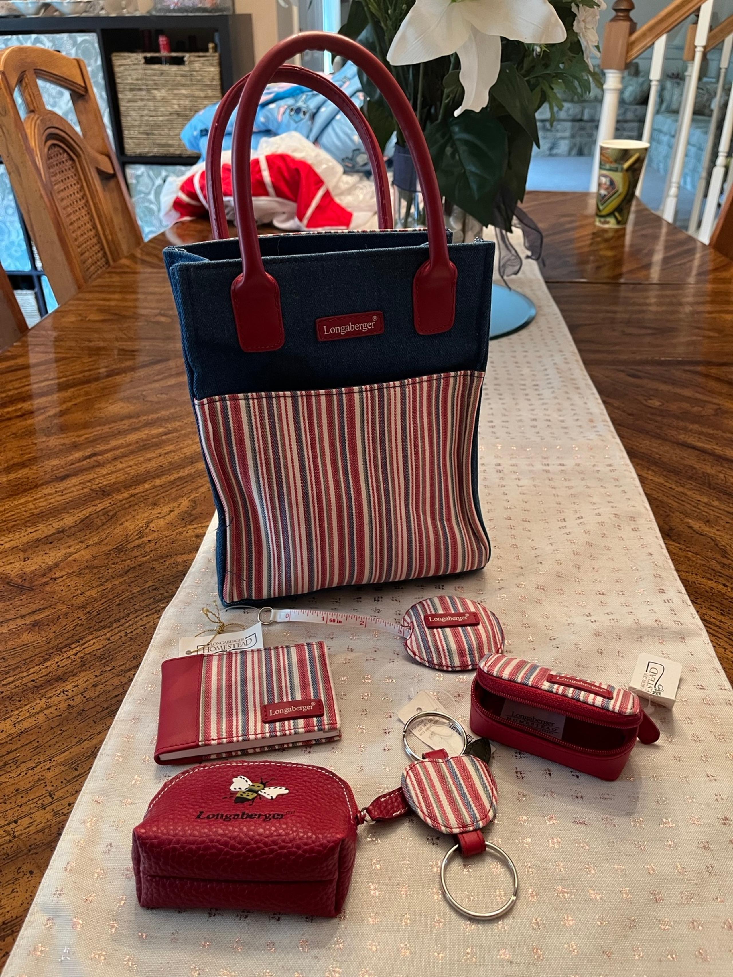 Longaberger Homestead tote with accessories - measuring tape, lipstick case, etc
