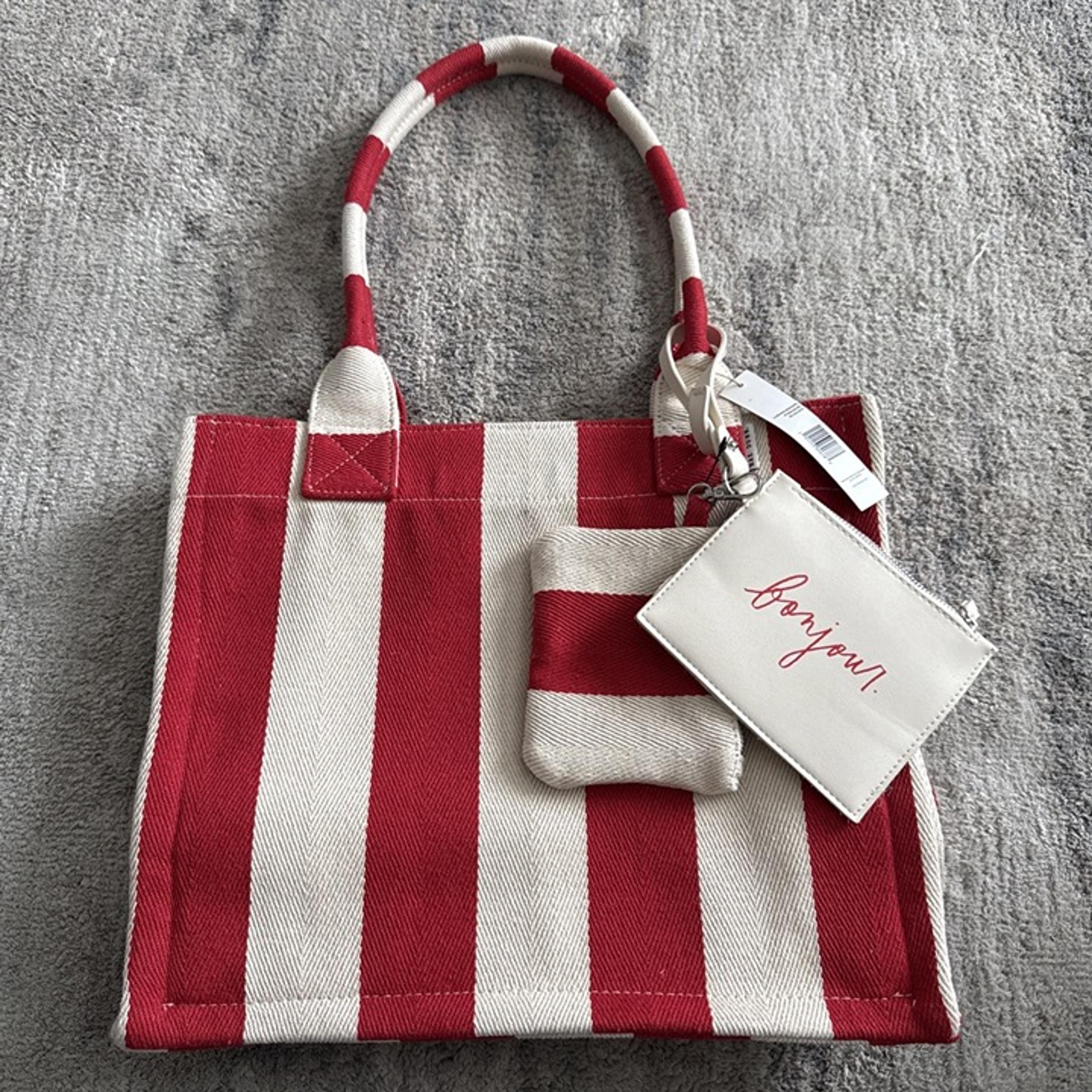 Rae Dunn Red/white Striped Tote -Bonjour