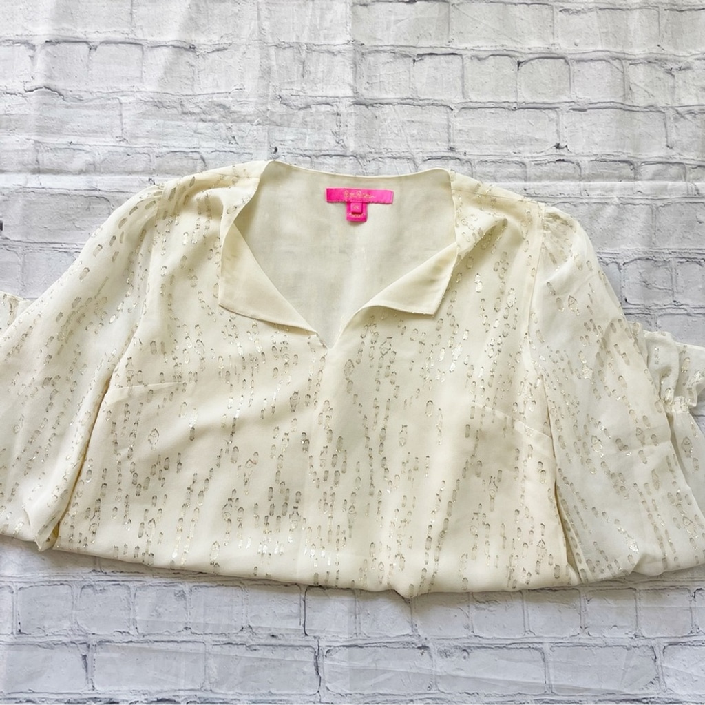 Lilly Pulitzer Cream & Gold Ellarey Coconut Fish Clip Silk Blouse