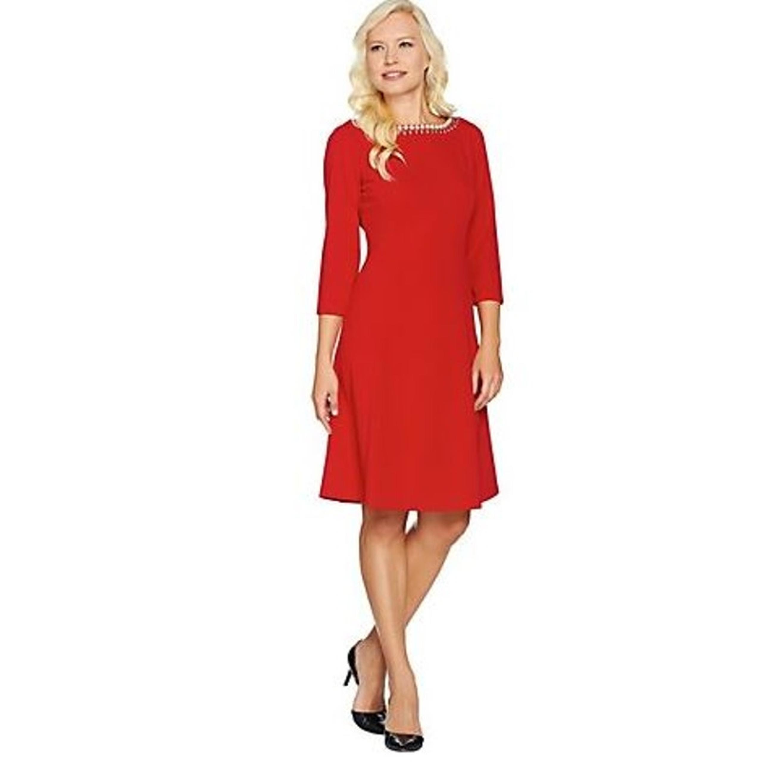 Dress Womens Medium Pearl Gem Neckline Fit & Flare Lady in Red QVC - Dennis Basso