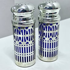 Mid Century Vintage Godinger Silver Plated Cobalt Glass Salt & Pepper Shakers
